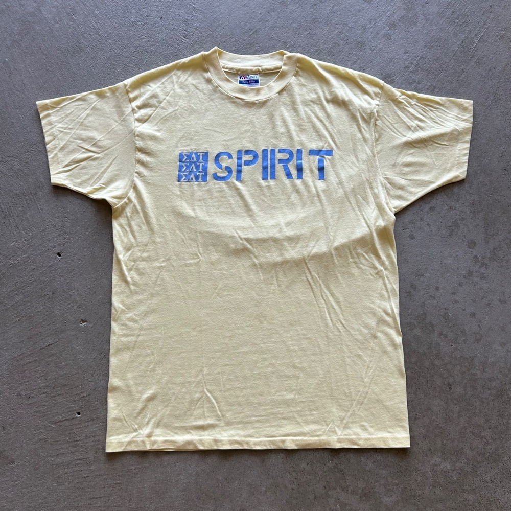 Vintage 80s Sigma Delta Tau Shirt Size Large Yellow SDT Esprit Parody Frat USA